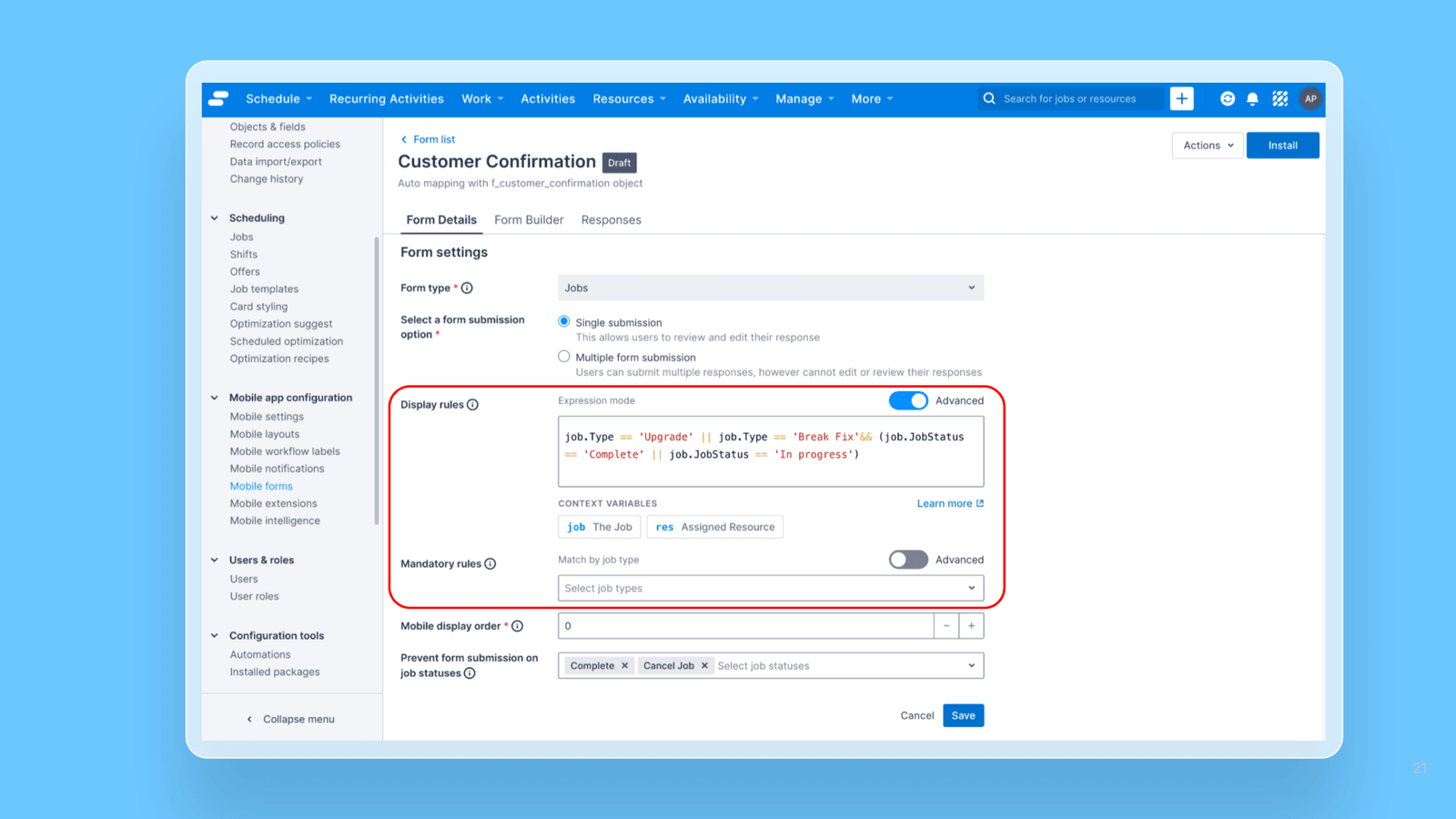 Form Builder - Advanced conditions for form display and mandatory rules release note