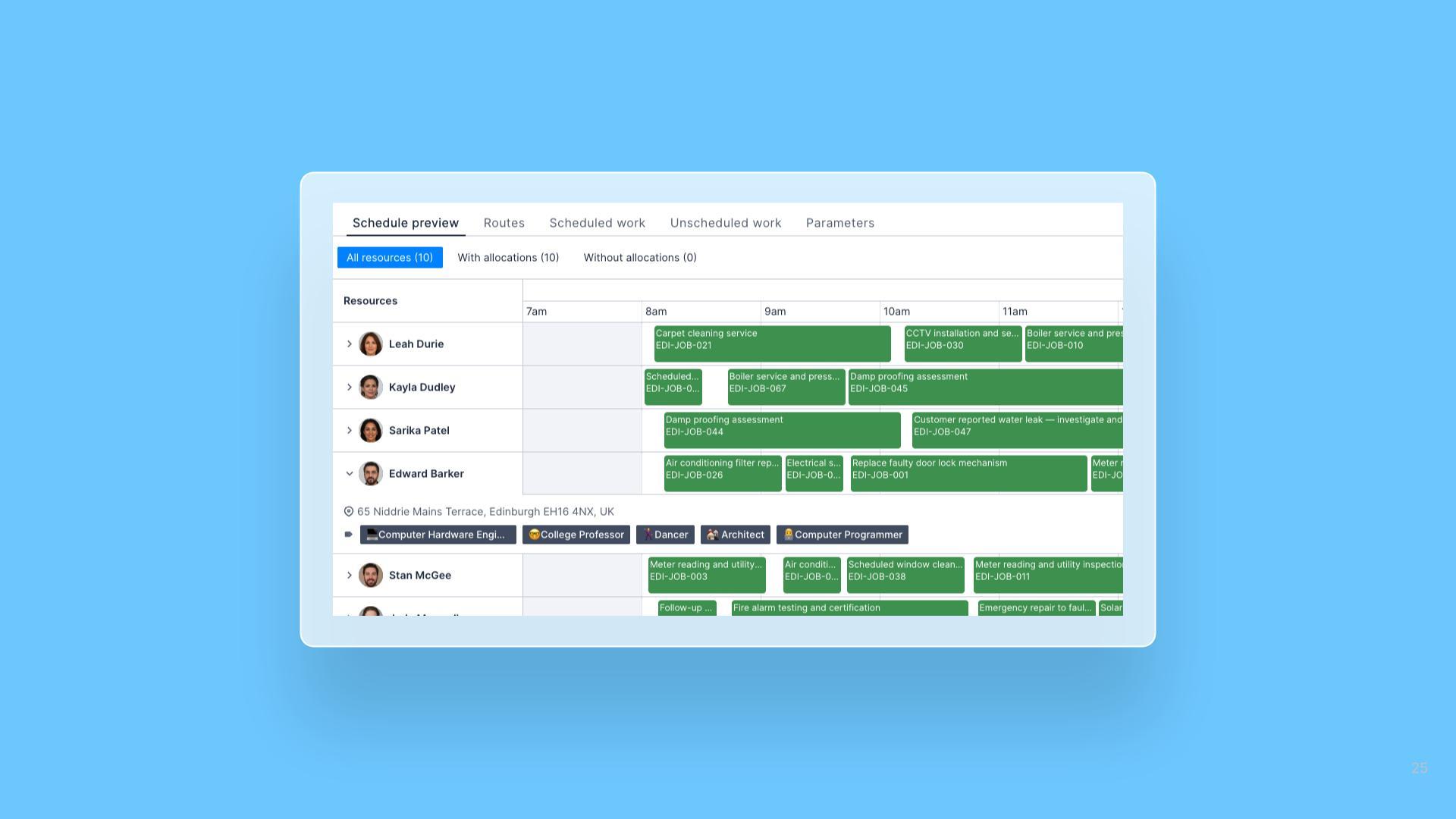 Schedule preview: resource accordion now shows home address and tags cover image